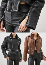 Black Patchwork Faux Fur Jackets Asymmetrical Zippered Winter