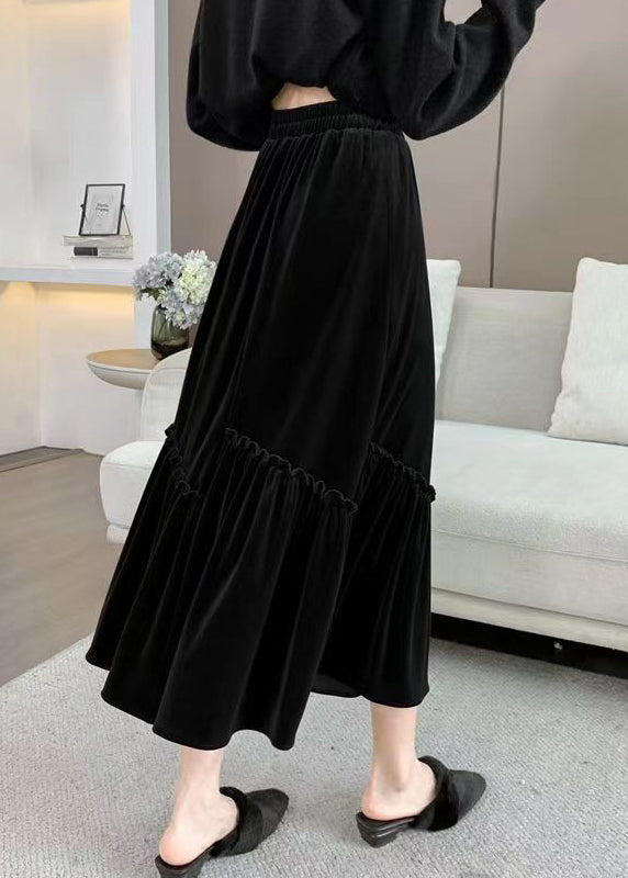 Black Patchwork French Velour Skirts Ruffled Elastic Waist Spring