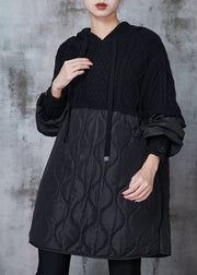 Black Patchwork Knit Cotton Filled Sweatshirt Dress Hooded Spring