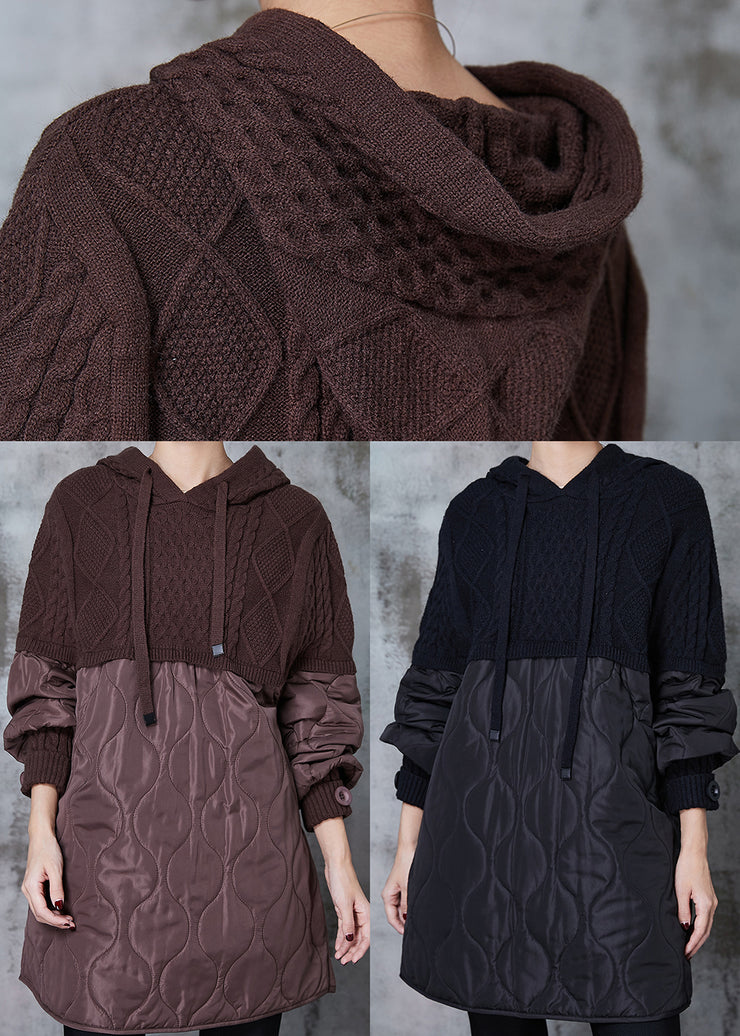 Black Patchwork Knit Cotton Filled Sweatshirt Dress Hooded Spring