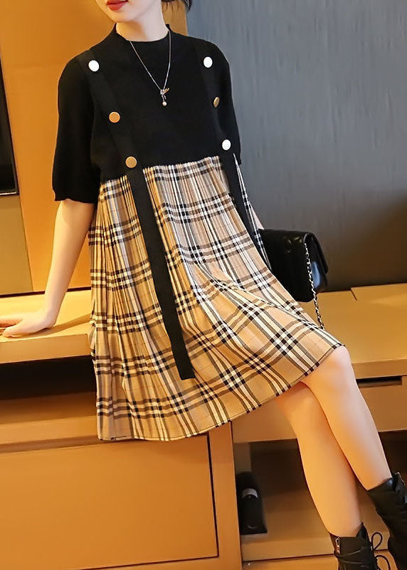 Black Patchwork Knit Fake Two Piece Dress Oversized Plaid Summer