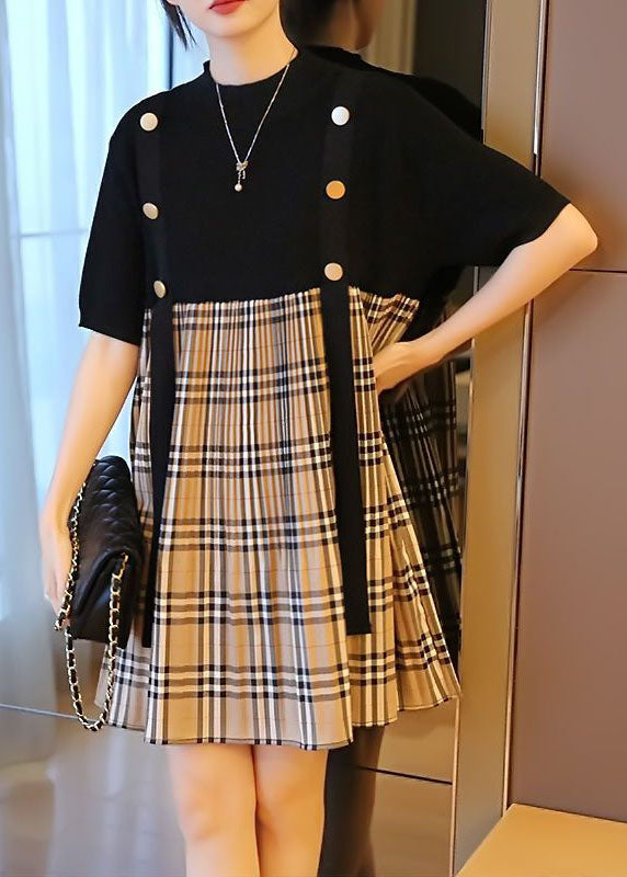 Black Patchwork Knit Fake Two Piece Dress Oversized Plaid Summer