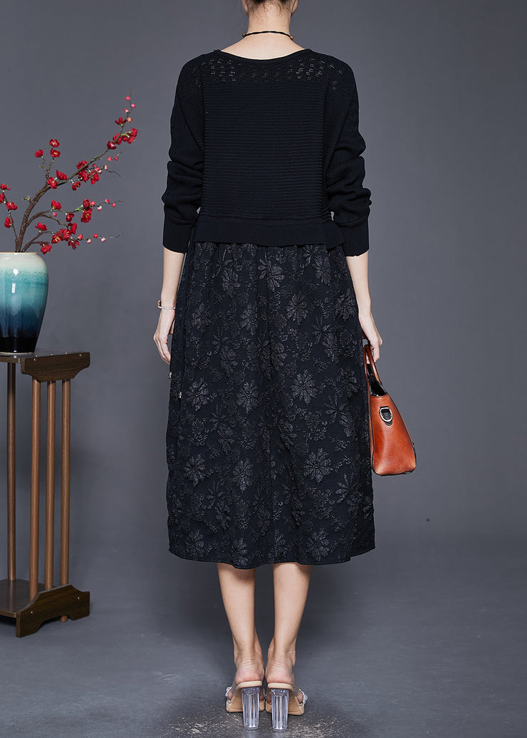 Black Patchwork Knit Holiday Dresses Jacquard Fall