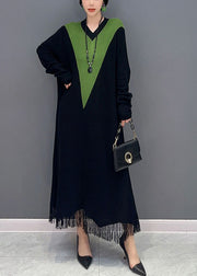 Black Patchwork Knit Long Dress V Neck Tassel Spring