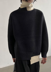 Black Patchwork Knit Sweater Tops Asymmetrical Desidn High Neck Winter