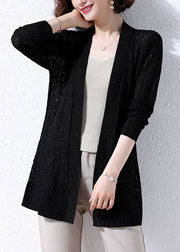 Black Patchwork Knit Women Cardigans Embroidered Hollow Out Fall