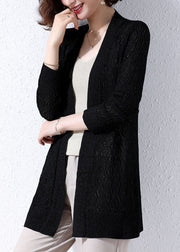 Black Patchwork Knit Women Cardigans Embroidered Hollow Out Fall