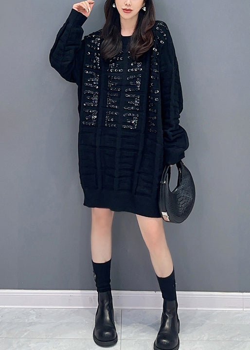Black Patchwork Knitted Sweaters Dress O Neck Zircon Fall