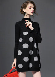 Black Patchwork Knitwear Dress Stand Collar Dot Print Long Sleeve