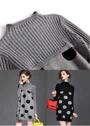 Black Patchwork Knitwear Dress Stand Collar Dot Print Long Sleeve