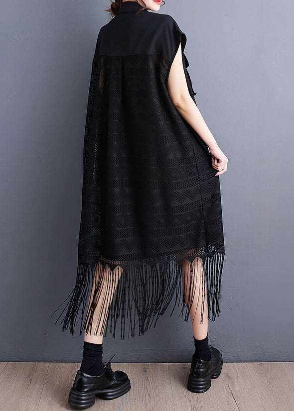 Black Patchwork Lace Maxi Dress Tasseled Pockets Summer