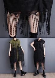 Black Patchwork Lace Maxi Dress Tasseled Pockets Summer