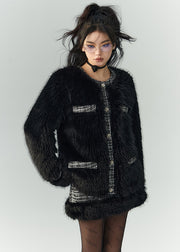 Black Patchwork Leather And Fur Two Pieces Set O Neck Long Sleeve