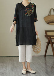 Black Patchwork Linen Mid Dress Embroidered V Neck Summer