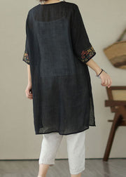 Black Patchwork Linen Mid Dress Embroidered V Neck Summer