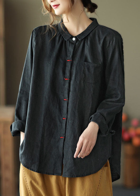 Black Patchwork Linen Shirt Peter Pan Collar Embroidered Spring