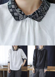 Black Patchwork Linen Shirt Peter Pan Collar Wrinkled Spring