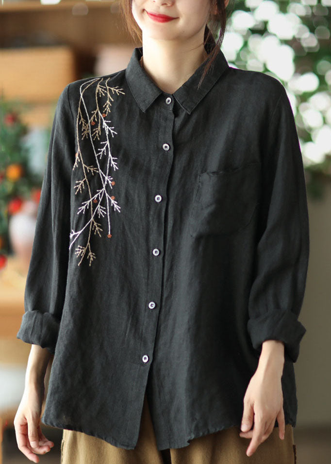Black Patchwork Linen Shirt Top Embroidered Button Spring
