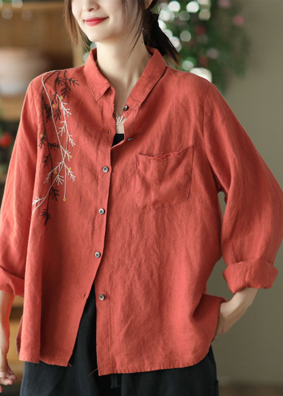 Black Patchwork Linen Shirt Top Embroidered Button Spring