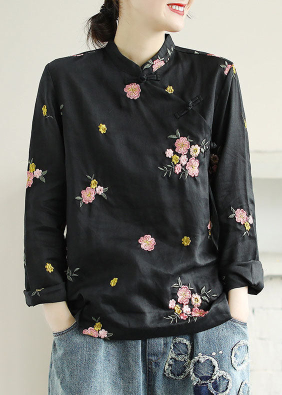 Black Patchwork Linen Shirt Top Embroidered Chinese Button Spring