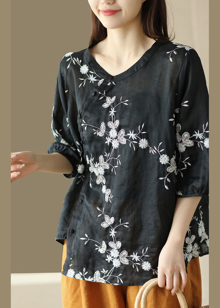 Black Patchwork Linen Top O-Neck Embroidered Button Summer