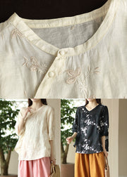 Black Patchwork Linen Top O-Neck Embroidered Button Summer