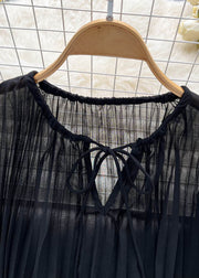 Black Patchwork Loose Chiffon Top O Neck Wrinkled Lace Up Summer