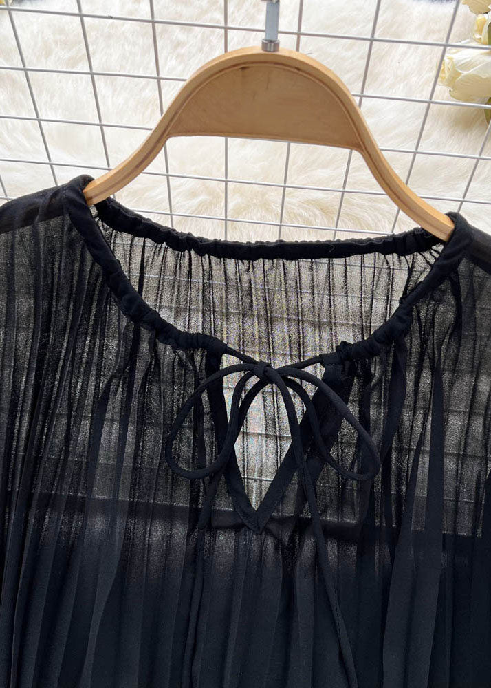 Black Patchwork Loose Chiffon Top O Neck Wrinkled Lace Up Summer