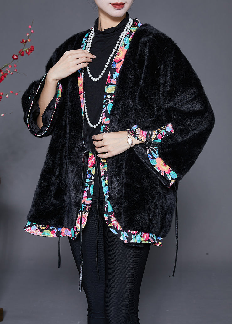 Black Patchwork Mink Velvet Coat Outwear Oversized Lace Up Winter