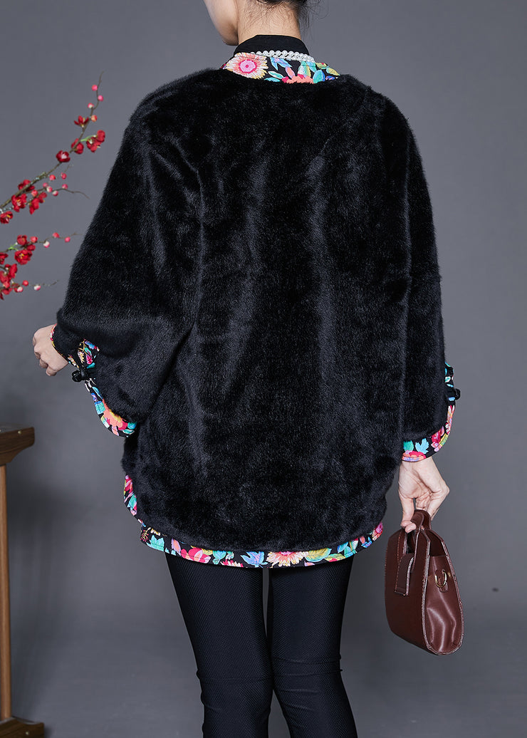 Black Patchwork Mink Velvet Coat Outwear Oversized Lace Up Winter