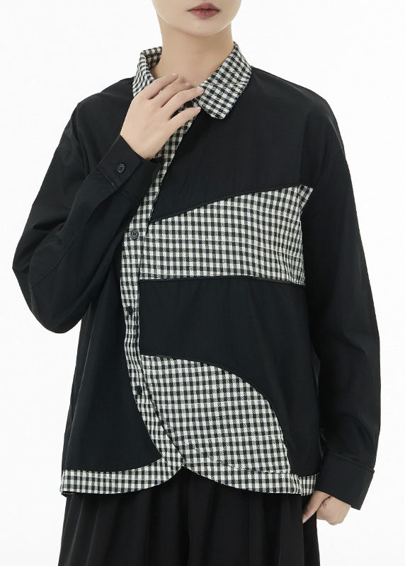 Black Patchwork Plaid Cotton Shirt Top Asymmetrical Button Spring