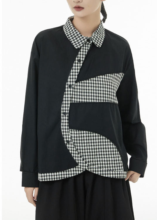 Black Patchwork Plaid Cotton Shirt Top Asymmetrical Button Spring