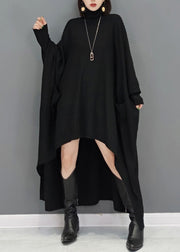 Black Patchwork Plus Size Knit Sweater Dress Hign Neck Fall