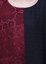 Schwarz Patchwork Rot O-Neck Taschen Seidenkleider Frühling