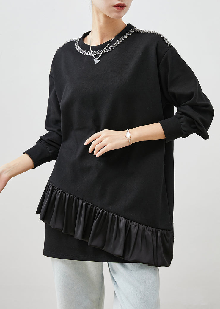 Black Patchwork Ruffles Cotton Mid Dress Asymmetrical Spring