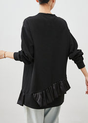 Black Patchwork Ruffles Cotton Mid Dress Asymmetrical Spring
