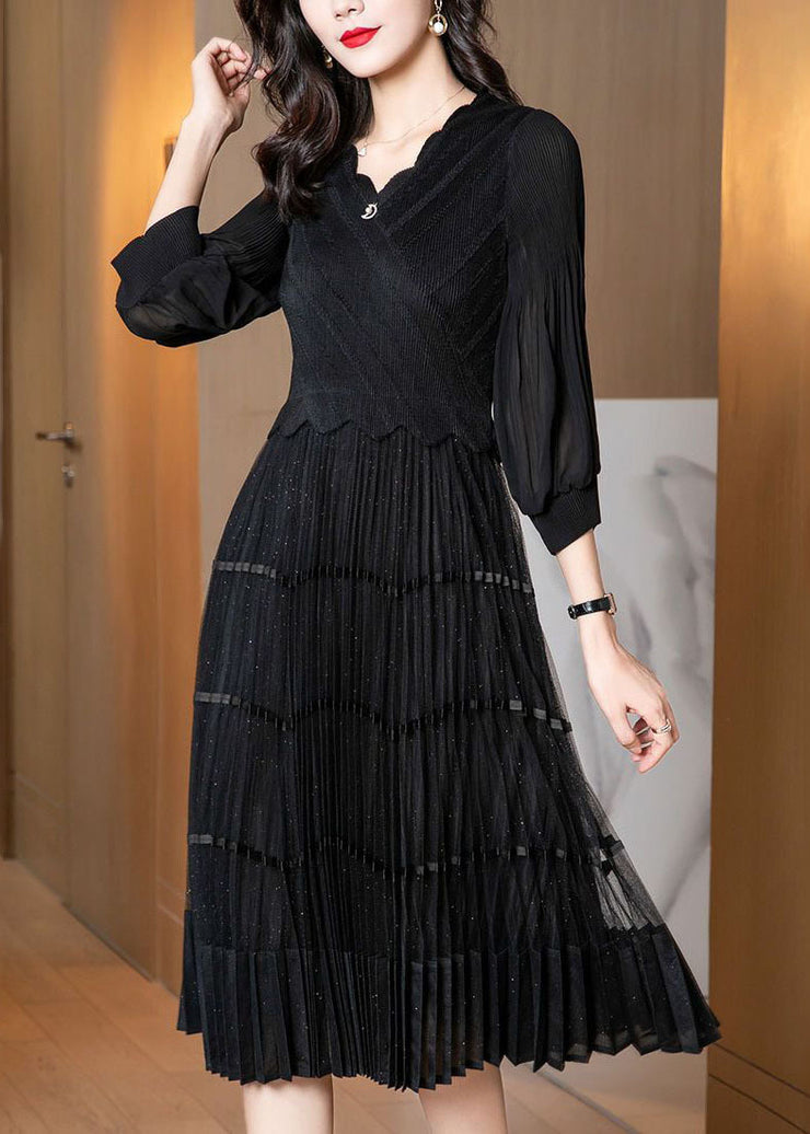 Black Patchwork Silk Holiday Dress V Neck Wrinkled Long Sleeve