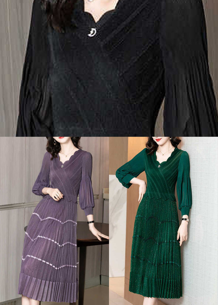 Black Patchwork Silk Holiday Dress V Neck Wrinkled Long Sleeve