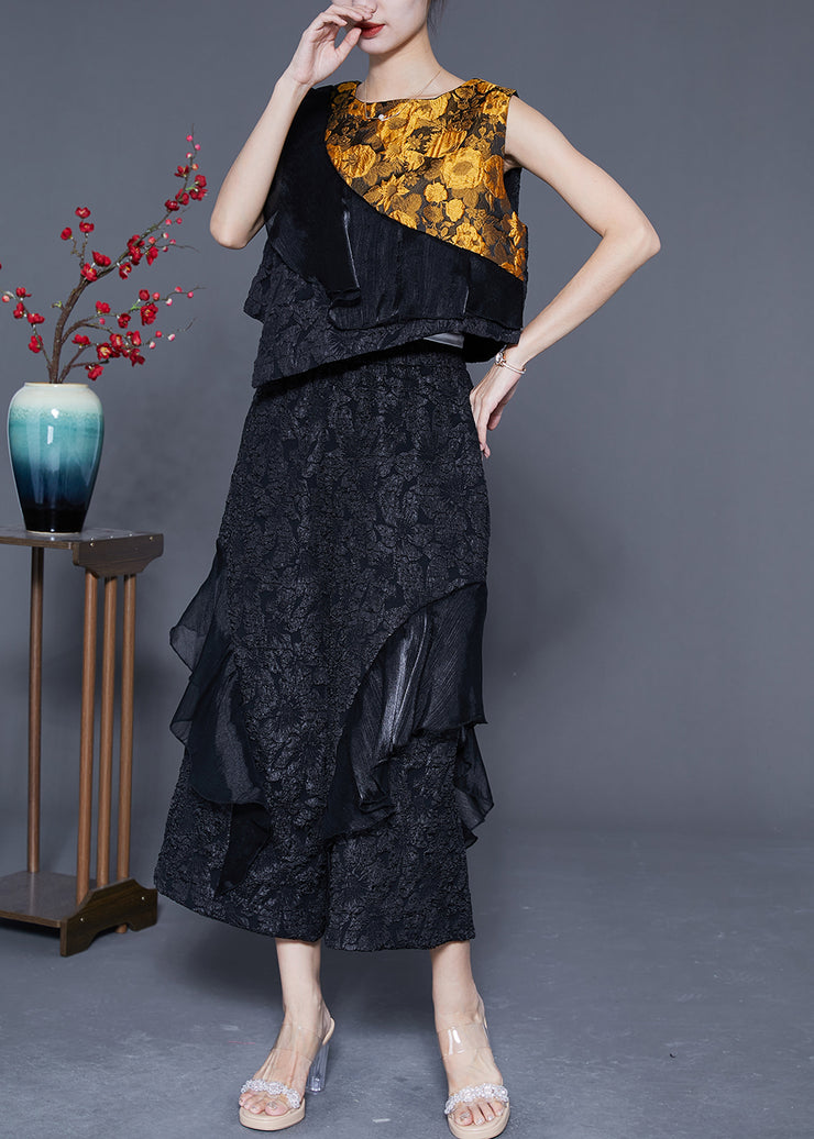 Black Patchwork Silk Two Piece Set Women Clothing Ruffles Jacquard Summer