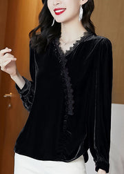 Black Patchwork Silk Velour Shirt Tops V Neck Long Sleeve