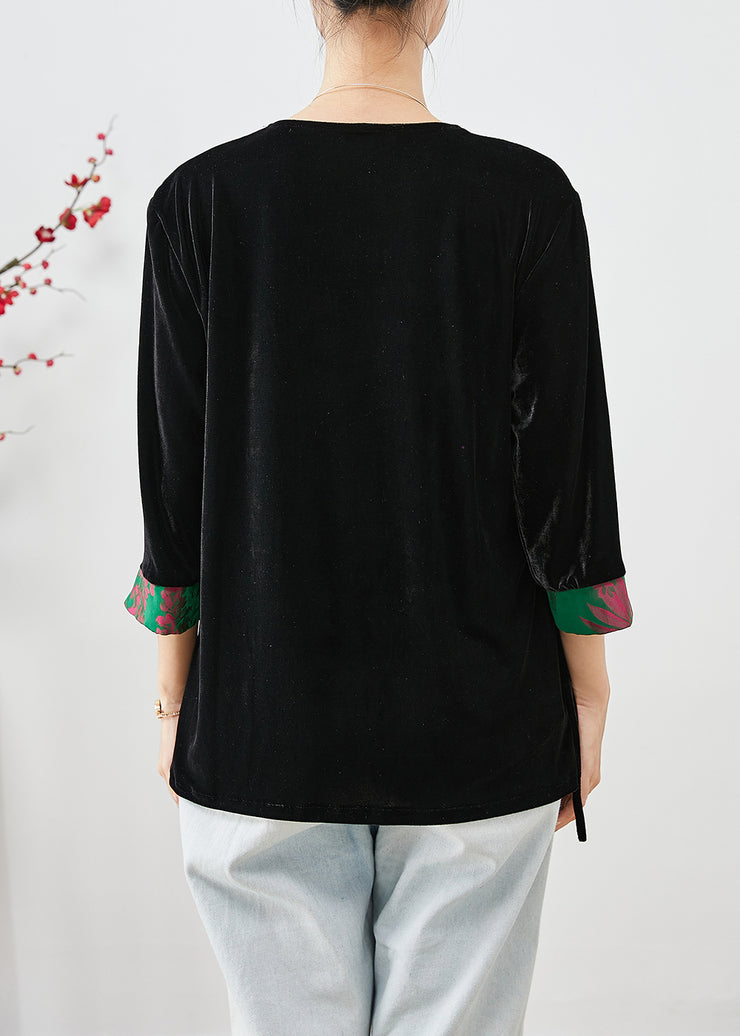Black Patchwork Silk Velour Shirts Bracelet Chinese Button Sleeve