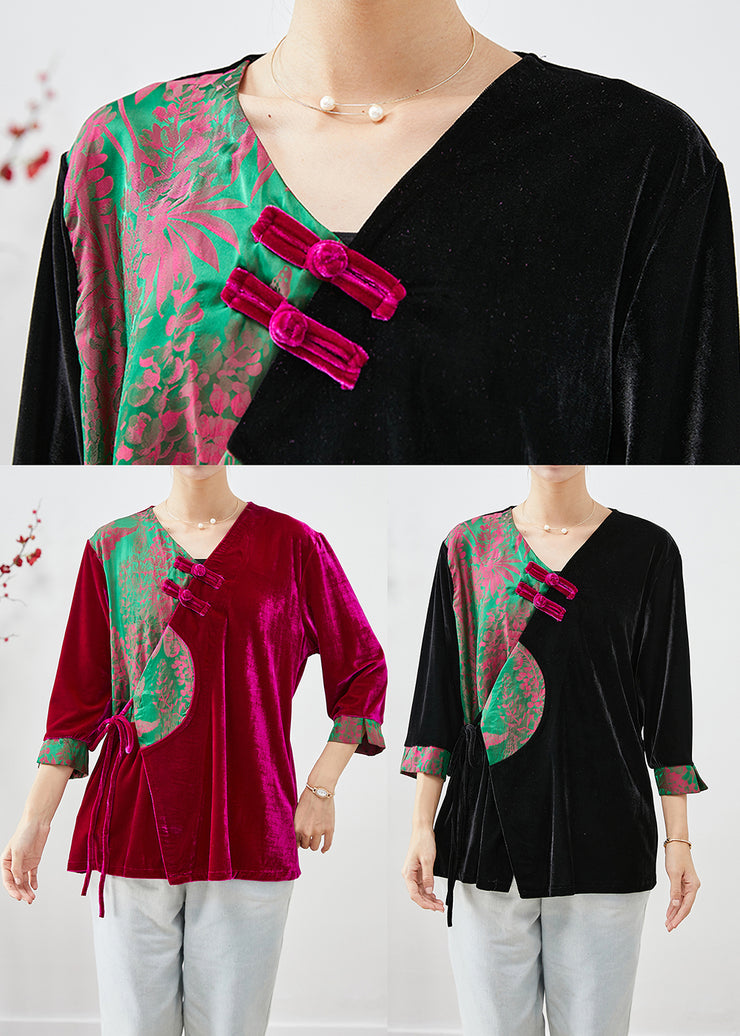 Black Patchwork Silk Velour Shirts Bracelet Chinese Button Sleeve