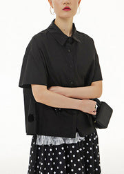 Black Patchwork Solid Cotton Shirt Short Sleeve