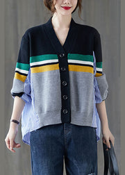 Black Patchwork Striped Button asymmetrical design Fall Knit Sweater