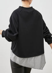 Black Patchwork Striped Cotton Sweatshirt Zip Up Spring