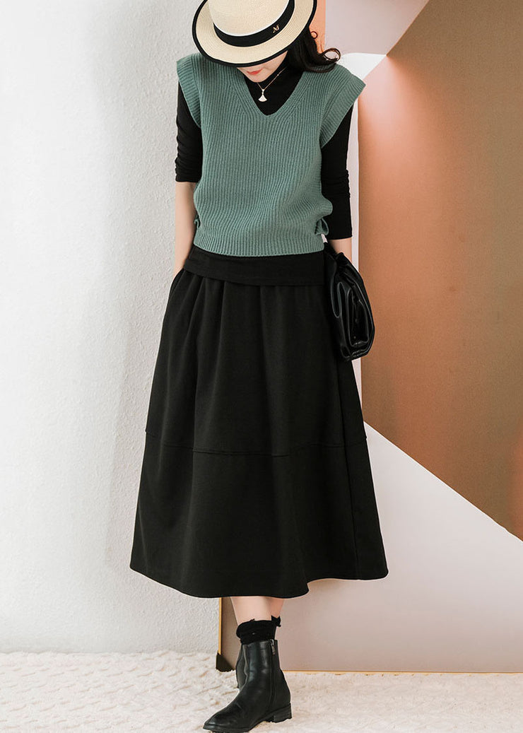 Black Patchwork Thick Woolen A Line Skirts Winter