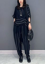 Black Patchwork Tops And Pants Cotton Two-Piece Set O-Neck Striped Summer