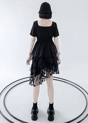 Black Patchwork Tulle Cotton O Neck Cake Dress Asymmetrical Half Sleeve