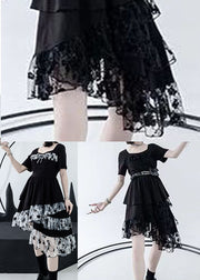 Black Patchwork Tulle Cotton O Neck Cake Dress Asymmetrical Half Sleeve