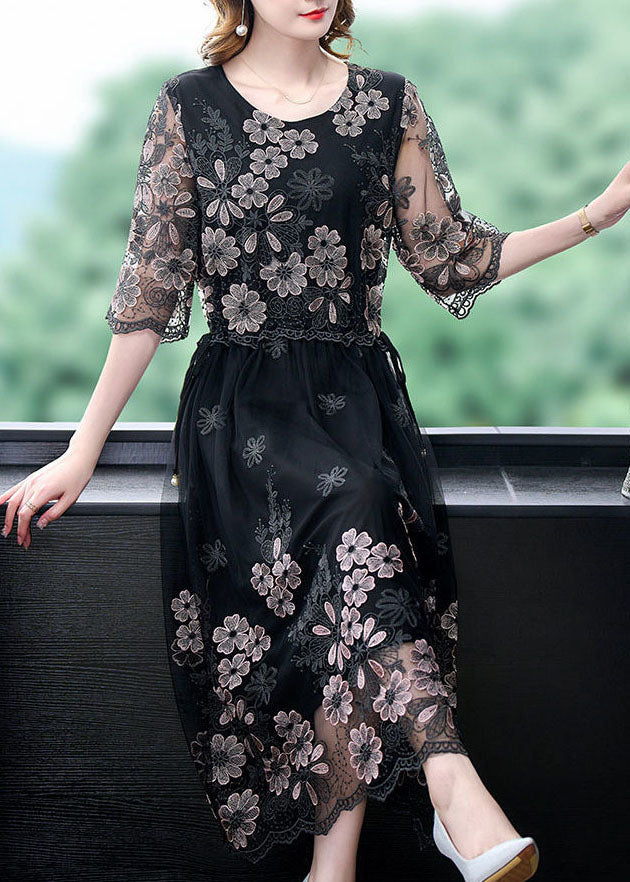Black Patchwork Tulle Holiday Dress O-Neck Embroidered Half Sleeve